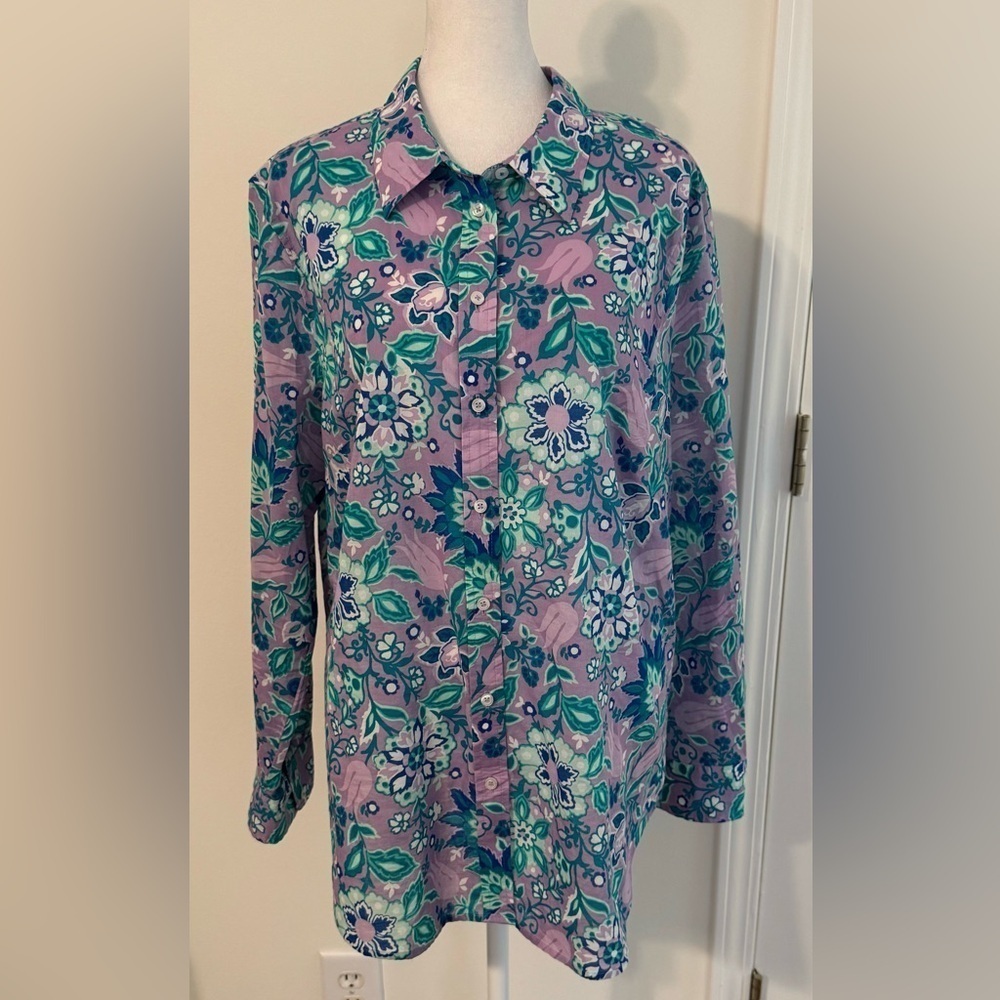 Talbots Cotton Floral Print Button-up Multi-color Top Blouse Shirt Size XL